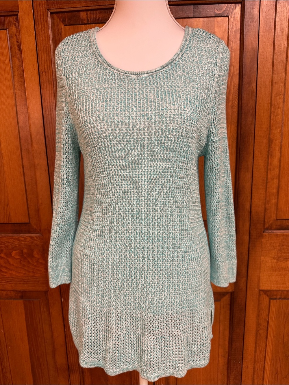 Chicos Light Teal Open Knit Scoop Neck Women’s Tunic Sweater Size 1 - Picture 3 of 8